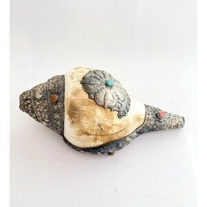 Vintage Tibetan Buddhist Ritual Conch Shell (Shankha) — Hand-chased metalwork
